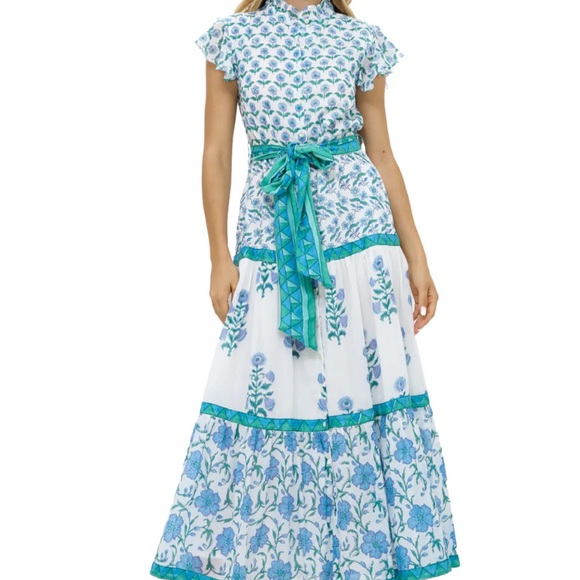 OLIPHANT Ruffle Collar button up Maxi Dress - Terra Blue with tie waist - Picture 3 of 6